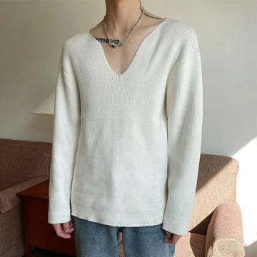 AIDASE  -  Spring Autumn Casual Solid Color V Neck Jumpers Men's Knitwear Fashion Long Sleeve Tees Vintage Textured Crochet Knit Tops Mens aidase-shop